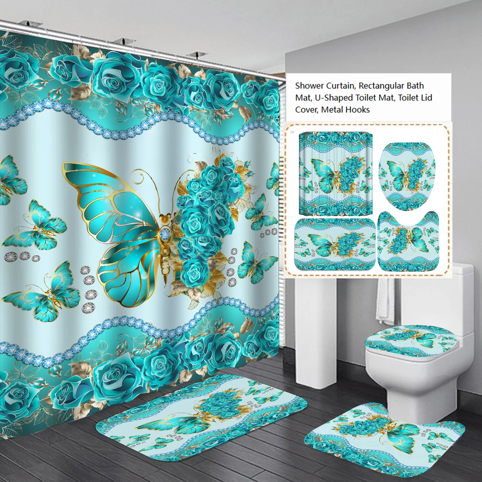 Luxury Floral 4-Piece Rhinestone Border Bathroom Decor Set - Waterproof Hanging Shower Curtain, Non-Slip Absorbent Bath Mat, U-Shaped Toilet Mat, Resistant Toilet Lid Cover (Elegant Bright Visual Effect, Teal Turquoise Golden Butterfly Rose Print)