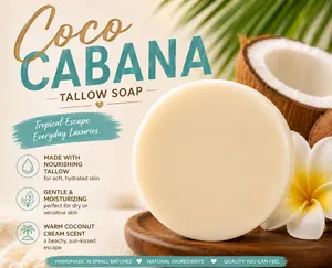 Coco Cabana Tallow Bar Soap - All-Natural Artisanal Tropical Coconut Cream Scented Cleanser, Hydrating Nourishing Bath & Body Care for Sensitive Skin, All-Natural Soaps, Artisanal Soaps