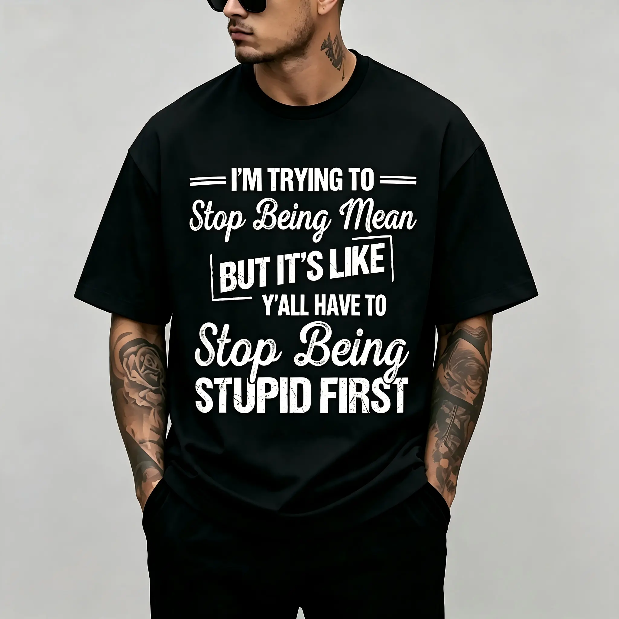 "I'm Trying To Stop Being Mean" Unisex T-Shirt for Men & Women - Sassy Attitude Distressed Design, Soft Cotton Crew Neck Short Sleeve, Comfortable All-Season Tee, Perfect for Everyday Casual & Humorous Style, Machine Washable