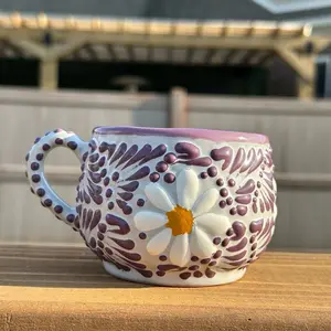 Talavera Original purple Daisy Blue Chocolatera Mug 8oz Handcrafted Ceramic Drinkware Set Made in Mexico kit