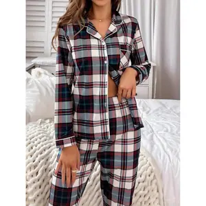Women's Plaid Pajama Set, Long Sleeve, Pockets, Knit Polyester Blend