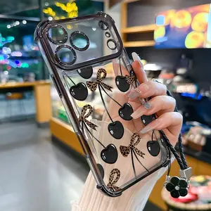 Black Cherry Leopard Bow Pattern Phone Case for iPhone Samsung Galaxy 17Pro Max Air 16 15Plus 14 13 12 11 S26 S25 S24 S23 S22 Cases, Shockproof Drop, Protection Durable, Bumper with Lanyard Art.