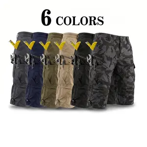 Men’s 100% cotton mid-length cargo tactical shorts with six pockets and multi-tool storage; outdoor work shorts with adjustable drawstring cuffs; suitable for fishing, camping, hiking, property management, security, and field patrols.