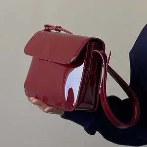 1pc Women's Retro Hong Kong Style Small Square Bag | Burgundy Patent Leather Underarm Bag | Multi-Way Carry Ins Trendy All-Match Crossbody Purse for Daily Commute Work Dating Outings