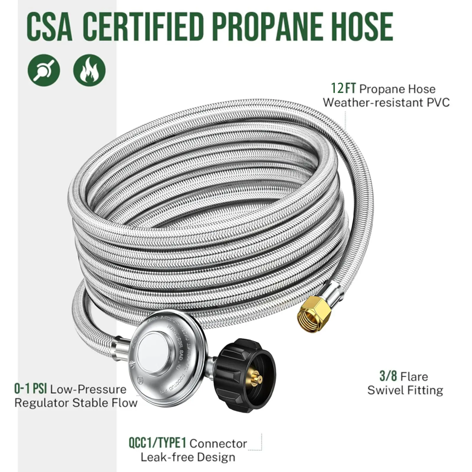 Alloxity Propane Regulator with Hose, 2FT Stainless Steel & PVC Hose, 0-1Psi Low Pressure Regulator, Fits Weber Genesis/Summit Grill/Blackstone 28"&36" Griddle