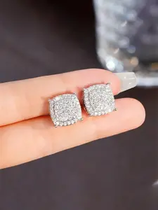 Shining Silver Square Earrings Set with Cubic Zirconia Nails, Fashionable Engagement and Wedding Earrings for Women, Hip-Hop Earrings for Both Men and Women, Zircon Stud Earrings