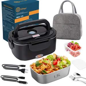 Nifogo 80W Electric Lunch Box Food Heater with Outdoor Cutlery 12V/24V/110V Self-Heating Lunchbox for Work Travel Outdoor Adventures 1.5L/1.8L Capacity Insulated Bag Portable Food Heater Complete Dining Experience
