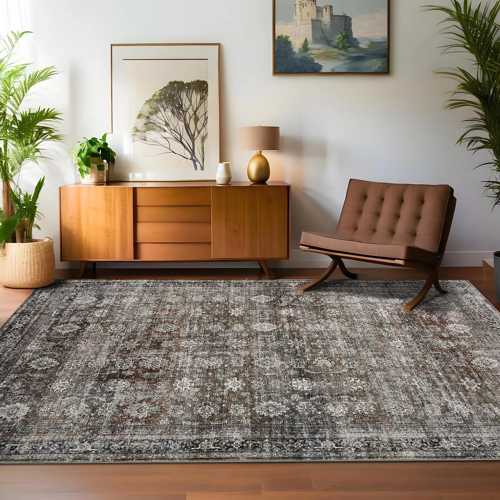 【GARVEE】Large Area Rugs 9x12 Vintage Printed Living Room with Non-Slip Backing, Stain-Resistant Oriental Accent Rugs, Washable Farmhouse Low Pile Rugs for Bedroom, Office, Red Green