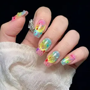 24pcs Rainbow Gradient Art Splatter Bubble Square False Nails, Glossy Finish, Medium Length, Sweet Style Nail Art Stickers