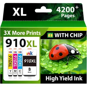910XL  Cartridges for  Printers Replacement for  910 910XL  Cartridges Combo Pack Work for  OfficeJet Pro 8020 8025 8028 8035 8010 8015 8018 8022 Printers, 910XL Black and Color, 4 Pack