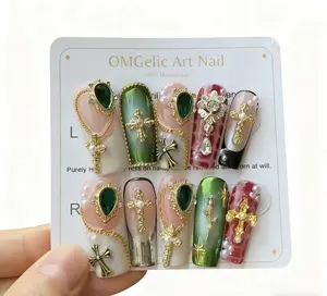 OMGelic Art Nail 100% Handcrafted Luxury Press On Nails with Unique Hand-Designed Cross and Gemstone Accents for Elegant Look