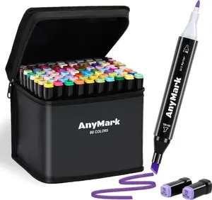 AnyMark Alcohol Markers, 80 Colors Dual Tip Art Coloring Markers Set for Adult Book Drawing Sketching Painting, Chisel & Fine, Black Penholder