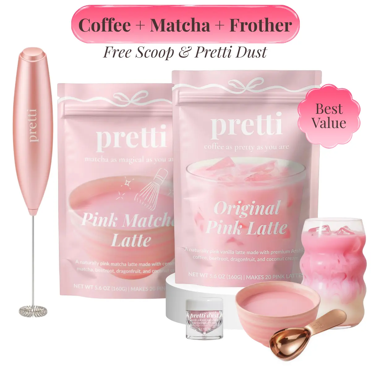 COFFEE + MATCHA DELUXE KIT - Pink Coffee & Matcha Latte Bundle with Premium Frother, Rose Gold Scoop & Edible Glitter
