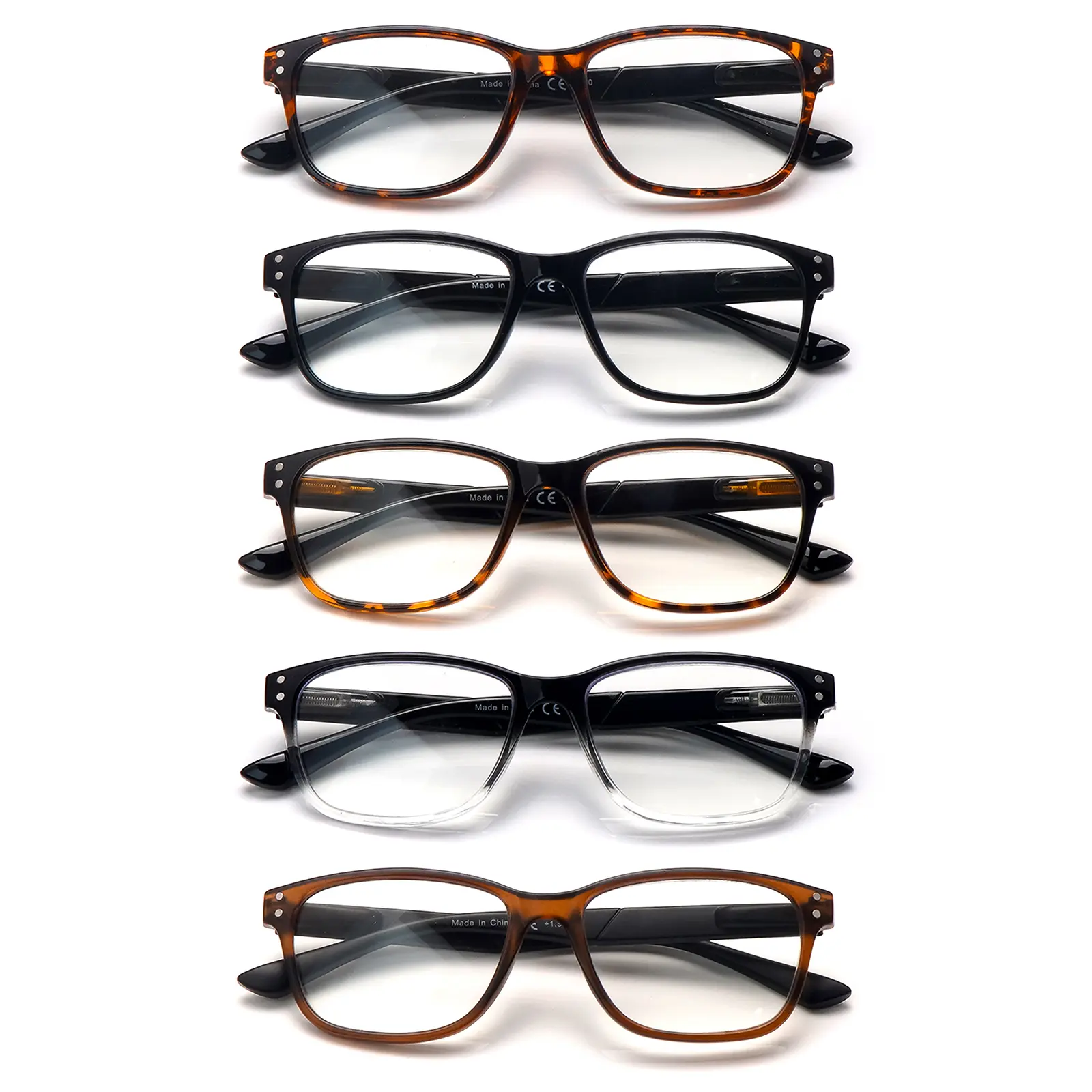 5-Pack Fashionable Anti-Blue Light Reading Glasses Featuring spring hinges and lightweight gradient rectangular frames for men and women. Uv protection,durable and clear. Stylish accessory. Ideal for reading, computer work,and daily commuting. Adjustable
