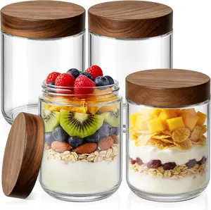 Bumobum 16oz Glass Mason Jars 4-Pack – Airtight Acacia Wood Lid, Overnight Oats Containers, Wide Mouth Meal Prep & Food Storage