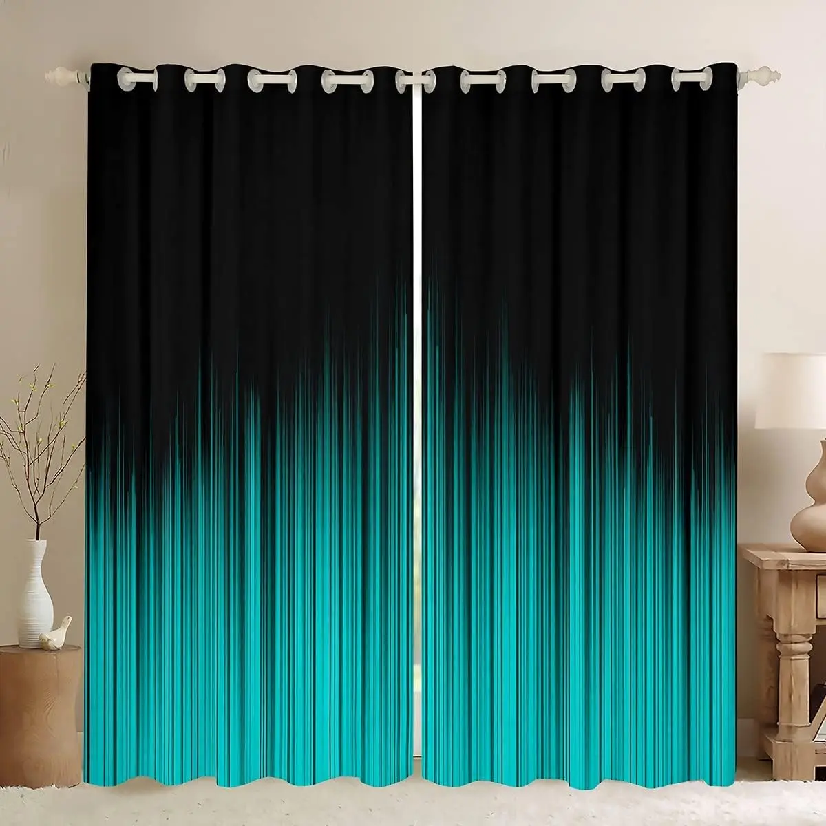 Feelyou 2-Panel Teal and Black Geometric Privacy Grommet Curtains - Black Ombre Boho Drapes, Cool Tones Dark-Colored Designer Print Drapes, Simple Gradient Modern Living Room Treatments, Easy-Install Curtains, Black Ombre Curtains