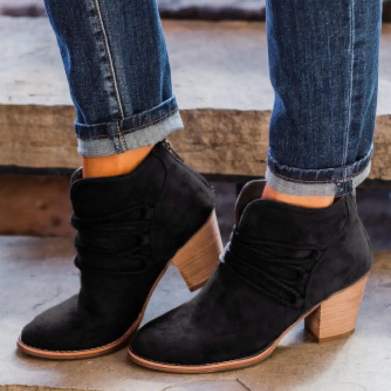 Black Braid Straps Detail Zipped Booties