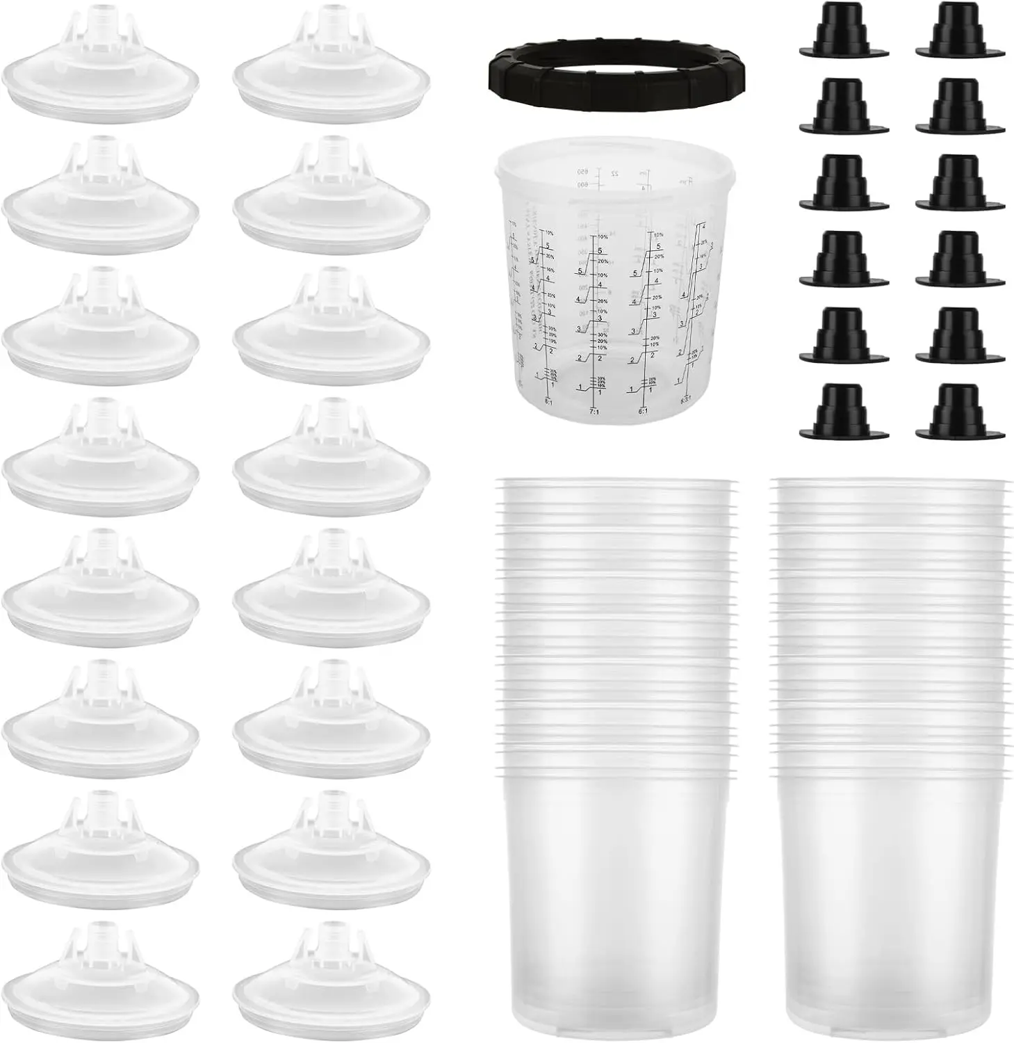 25 Pack Disposable Paint Sprayer Gun Cup Liners and Lid System for Spray Gun, Paint Cups 22 Ounce (650ml) Kit with 25 Mixing Cup Liners, 25 Lids, 10 Plugs, 1 Hard Cup with Retainer Ring