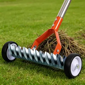 Thatch Rake, Adjustable Garden Rake Head and 38"–65" Handle with Wheels, 21 & 11 Dual-Sided Steel Tines, Heavy-Duty Lawn Dethatching Rake for Cool & Warm Season Grass, Landscape and Lawn Care(Orange)