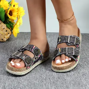 Women's Platform Sandals With Two Buckles Boho Style Cork Footbed Open Toe Slides Footwear Girl Fashion Comfortable Anti-Slip Summer Beach Shoes Slippers