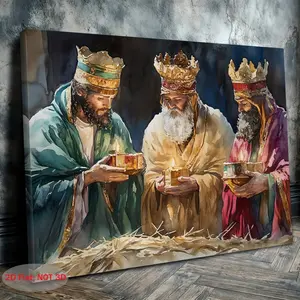 2D Flat, Single Piece Sanxianren Watercolor Christmas Nativity Scene Canvas Painting - King Presents Gifts, Gold and Red Clothing, Wooden Frame Wall Art, Suitable for Living Room