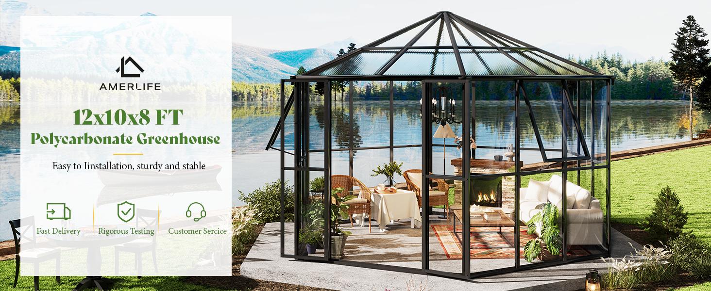 【Ships in 3 Boxes】Amerlife 12x10x8 FT Hexagonal Greenhouse with Quick-Connect Fittings, Greenhouse for Outdoors Garden Backyard with 2 Vents, Walk-in Aluminum Greenhouse- Ships in 3 Boxes