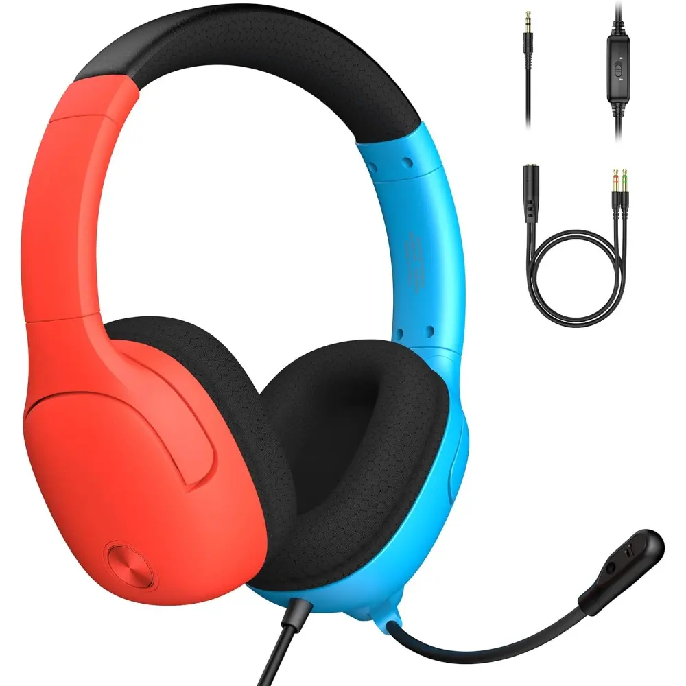 Over-Ear Wired Gaming Headset with Mic, Soft Foam 40mm Drivers for Nintendo Switch Lite/OLED Game Console, Fortnite Use (Red/Blue)