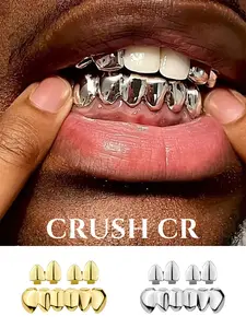 CRUSH CR 3pcs 14K Gold Plated Copper Vampire Fangs Wolf Teeth Grillz, Fake Teeth, Silver & Gold Finish – Hip-Hop Tooth Jewelry for Unisex, Female, Girls, Men & Boys. Perfect for Parties, Halloween, Cosplay & Gifts, Horror Cosplay, Raves, Gothic Party