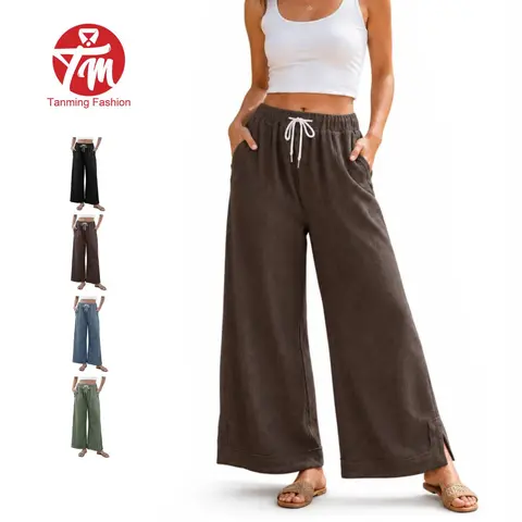 Tanming Womens Waffle Knit Wide-Leg Pants - High-Waisted Casual Loungewear Trousers with Split Hems - Spring Summer Fall Winter Daily Streetwear Vacation