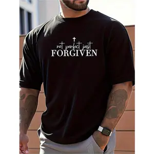 Men's T-Shirt - Black Religious Graphic Tee With "Not Perfect Just FORGIVEN" Cross Print - 100% Cotton Shirt For Gym, Church, Casual Attire - Loose Fit Breathable Casual Top - Machine Washable Christian Apparel Menswear Tshirt Streetwear Crewneck