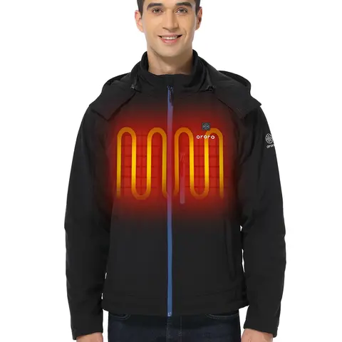 ORORO Men's 3-Zone Fitted Cut Soft Shell Heated Jacket - Detachable Hood, Drawstring, Rechargeable Lithium-Ion Battery, Water & Wind Resistant, Large Inner Pocket, Polyester, Machine Wash, Heat Control, Outdoor Sports Outerwear