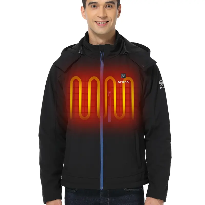 ORORO Men's 3-Zone Fitted Cut Soft Shell Heated Jacket - Detachable Hood, Drawstring, Rechargeable Lithium-Ion Battery, Water & Wind Resistant, Large Inner Pocket, Polyester, Machine Wash, Heat Control, Outdoor Sports Outerwear