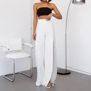 WHITE HIGH WAIST SLIT ONE LEG FLARED PANTS (ARTICLE C394)