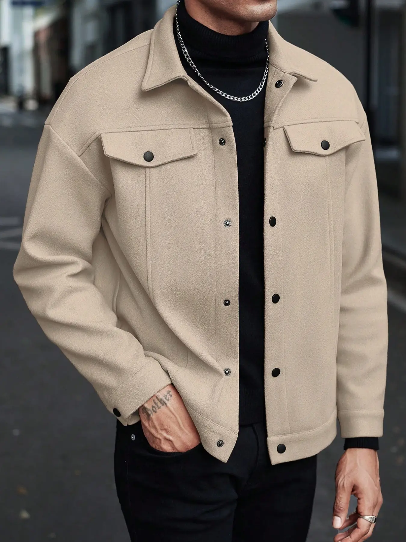 Men's Casual Button Front Drop Shoulder Coat, Manfinity Autumn Outerwear Jacket, Stylish Men's Clothing for Daily Wear & Outdoor Activities