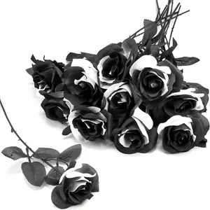 Black and White Roses Artificial Flowers with Stems, Faux Flowers Bridal Gothic Wedding Bouquet, Realistic Blossom Flora for Home, Office, Halloween Decorations