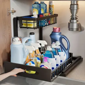 Kitchen fixed shelf sink arrangement and storage, sink storage, sliding pull-out cabinet arrangement rack, metal sliding drawer, for kitchen bathroom refrigerator cabinet organization rack, simple and practical kitchen storage essential goods