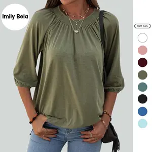 Imily Bela Women's Solid Crew Neck T Shirt Blouse Cotton 3/4 Sleeve Casual Loose Pleated Basic Tops