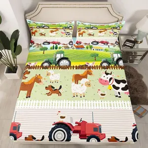 Feelyou Cartoon Pattern Microfibre Bedding Set - Cartoon Farm Animals Fitted Sheet, Cute Tractors Luxury Sheets, Farmhouse Country Bedroom Bedding Set, Decorative Colorful Nature Theme Room Decor Bed Cover
