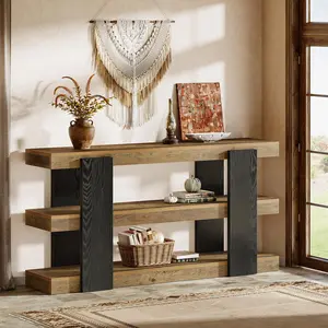 TRIBEWOOD 63-Inch Long Console Table, 3-Tier Entryway Table with Storage, Farmhouse Wood Behind Couch Tables for Entryway, Living Room, Hallway