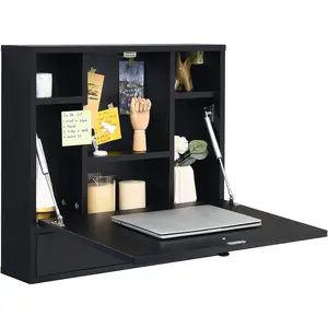 Wall Mounted Desk, Pneumatic Floating Desk Wall Mount Laptop Desk with Magnetic Foldable Tabletop, Space Saving Wall Mounted Table Wall Desk with Storage Drawer and Shelves (Black)Simple and convenient, does not take up space