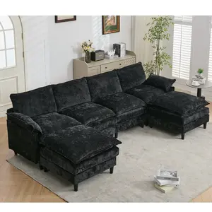 [NEW ARRIVED]Modular Sofa,U Shaped Cloud Couch Comfy Set ,6-Seater, 2 Armrest Pillows,Convertible Sectional  Couch, Living Room,Apartment, Chenille(2 Movable Ottoman),Black