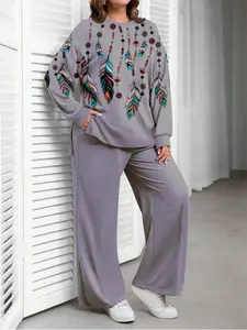 Plus Size Women Feather Print Long Sleeve Top & Wide Leg Pants Set, Casual Fashion for Spring Summer Daily Wear