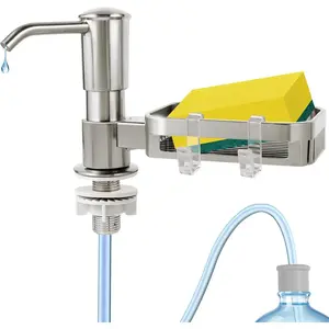 Built-in Under Counter Kitchen Sink Soap Dispenser Pump with Sponge Holder, Brushed Nickel ABS Dish Soap Dispenser with 39" Extension Tube Kit, No Refill Needed