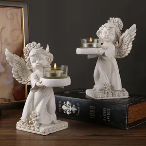 1pc Look left or right, Romantic, retro, cute winged angel holding candlestick, Candle holders, Scented candle candlestick, Bedroom and dining room table decoration, Candlelight dinner display, Unique gift choice for friends, Resin craft table display