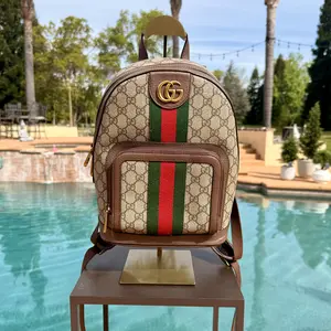 Pre-owned GUCCI Canvas Backpacks GG Backpack w/ Gold Hardware and Red and Green Stripe