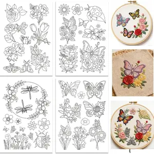 4 Sheets Water Soluble Embroidery Stabilizers, Pre-Printed Floral & Insect Patterns, Stick & Stitch Embroidery Paper for Hand Sewing, DIY Craft Stitching Supplies, Flower Embroidery, Butterfly Embroidery