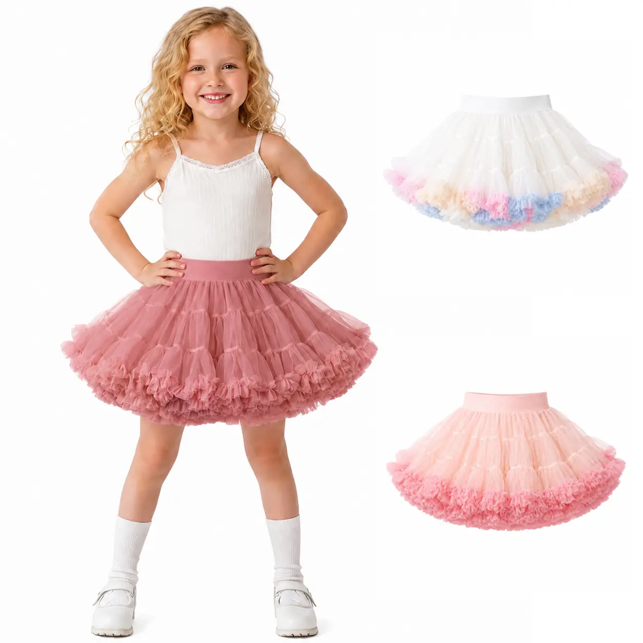 Girls' Lightweight Puffy Tutu Skirt - Soft Layered Tulle Pettiskirt with Elastic Band Wide Waist, Breathable Mesh Ruffle, Toddler Princess Look Outfit (1-8 Years, Pastel Pink Rainbow) for Birthday Party, Dance Recital, Holidays Gift