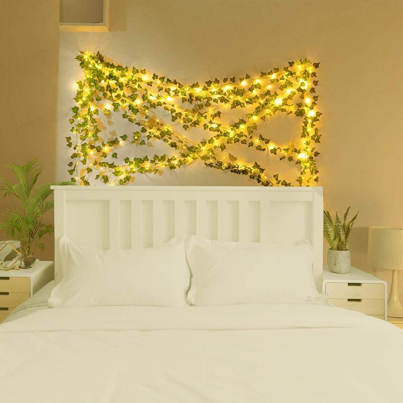 84Ft 12 Pack Artificial Ivy Leaf Plants Vine with 80 LED String Light,Green Vines Garland, Hanging for Home Kitchen Office Wedding Wall Décor