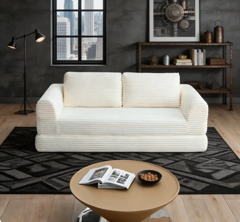 Beige 2-in-1 Convertible Corduroy Futon Sofa Bed, Foldable Boneless Modular Couch with Pull-Out Bed & 2 Pillows, Multi-Functional Upholstered Furniture for Living Room Home Interior