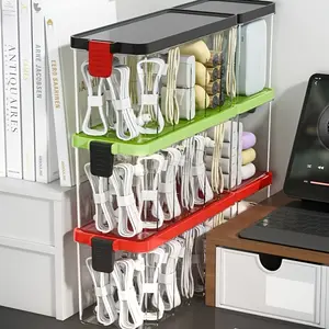 New Data Cable Storage Box, Desktop Charger Mobile Phone Power Cord Organizer, Multi-Compartment with Lid Dustproof Cable Organizer